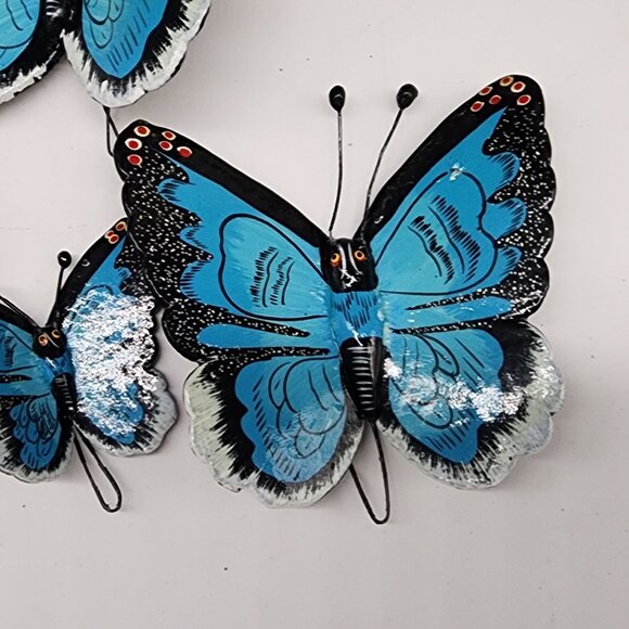 Hand Painted Ceramic Butterfly Wall Decor Hanging Blue & Black Set of 4 - Picture 3 of 8